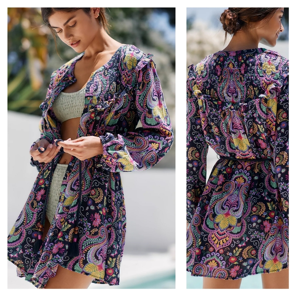 Anthropologie Paisley Cotton Longsleeve Cover-Up Tunic Boho Dress *NO BELT*